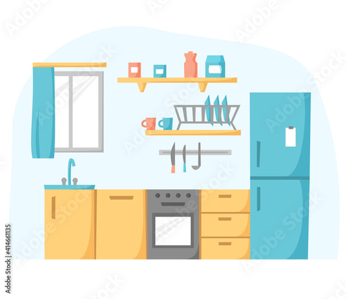Kitchen in flat design, cook room concept, kitchen unit with refrigerator, oven and stove, vector illustration 