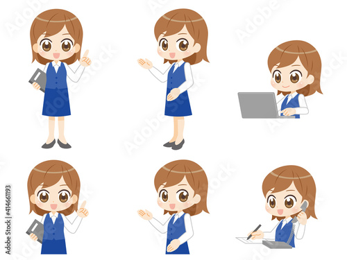 Anime illustration of female office worker アニメ風事務員の女性セット