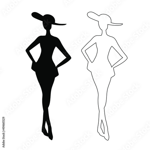 Fashion girl silhuette in hat. Business lady keep hands on hips. Vector isolated illustration with ink shape and outline sketch.