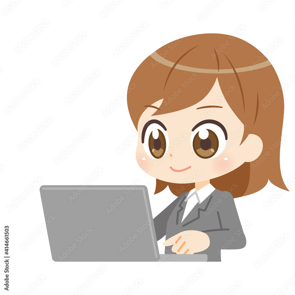 Anime style illustration of a woman working on a PCーPCで仕事するスーツの女性