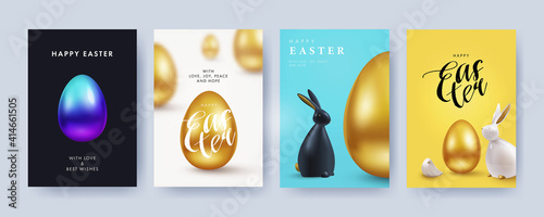 Easter Set of greeting cards, holiday covers, posters, flyers design in 3d realistic style with golden egg and black and white rabbit. Modern minimal design for social media, sale, advertisement, web