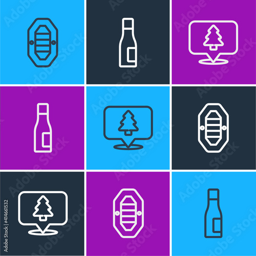Set line Rafting boat, Location of the forest and Bottle water icon. Vector.