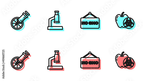 Set line No GMO, Genetically modified orange, Microscope and apple icon. Vector.