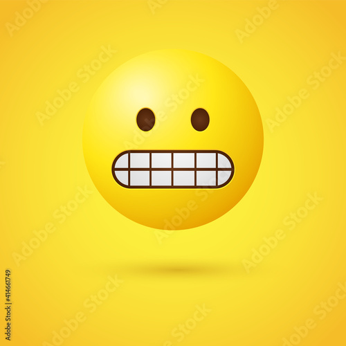3d Nervous emoticon, Grimacing emoji face showing clenched teeth