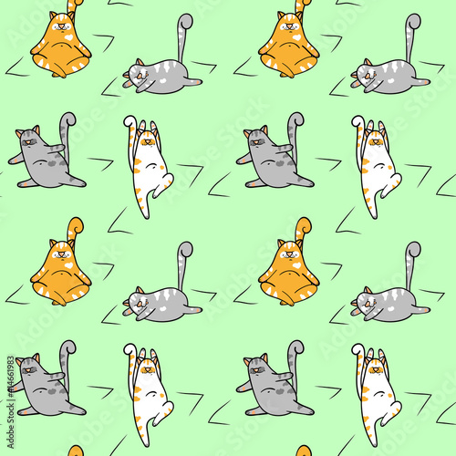Seamless pattern with yoga cats and mats. Animalistic vector background. Orange and gray tones. Can be used for wallpapers, pattern fills, textile