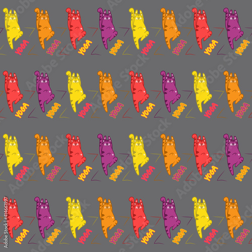Seamless pattern with yoga cats, mats and words. Animalistic vector background. Multicolor. Can be used for wallpapers, pattern fills, textile