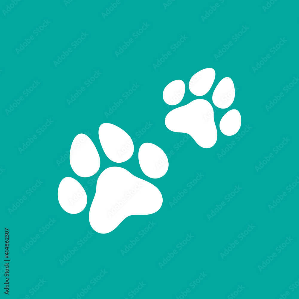 two white cat footprints. icon isolated on blue. Vector flat illustration. icon with kitty paw trace, footstep. two white cat footprints. icon isolated on blue. Vector flat illustration. icon with kitty paw trace, footstep.
