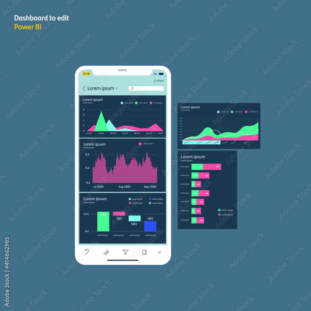 Template with graphs and charts. Data visualization dashboard on mobile. EPS10
