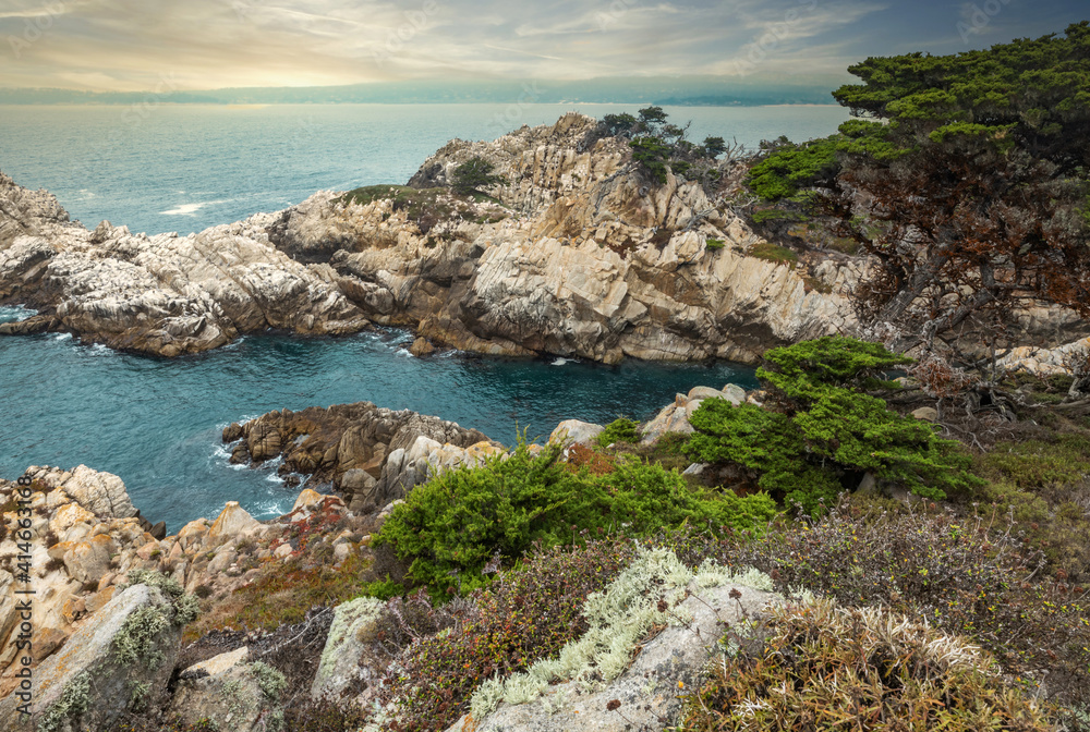 Beautiful landscape, view rocky Pacific Ocean coast at Point Lobos State Reserve in Carmel, California.