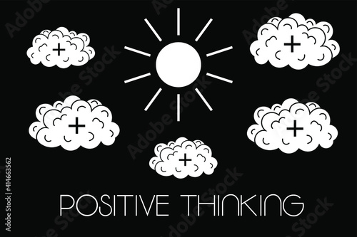 Positive thinking, brain clouds and the sun, mindset and attitude of life