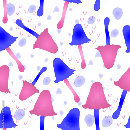 Magic mushrooms with abstract doodles seamless pattern. Psychedelic hallucination. Poisonous inedible mushrooms. Vibrant vector clipart. Fairy Tales illustration on white  background. 