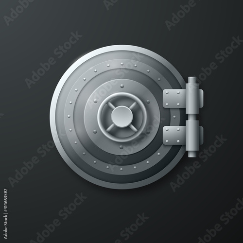 Realistic round 3D metal safe door. Vector illustration.
