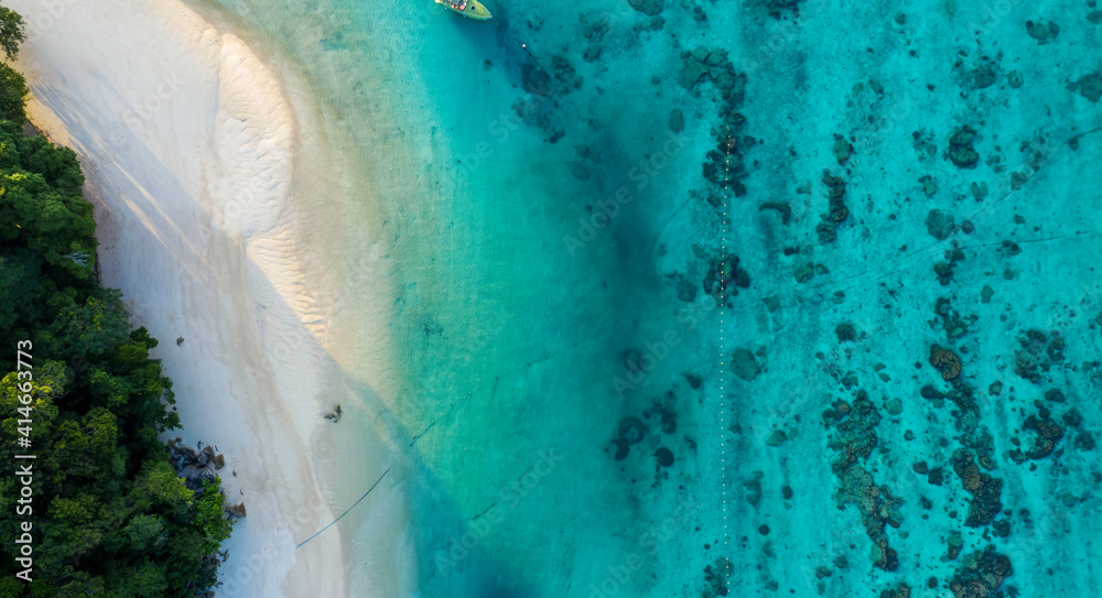 Aerial top view tropical island with white sand beach  background,summer concept