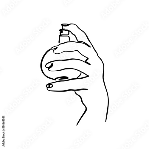 Woman's hand holds perfume. One line vector image. Isolated over white background.