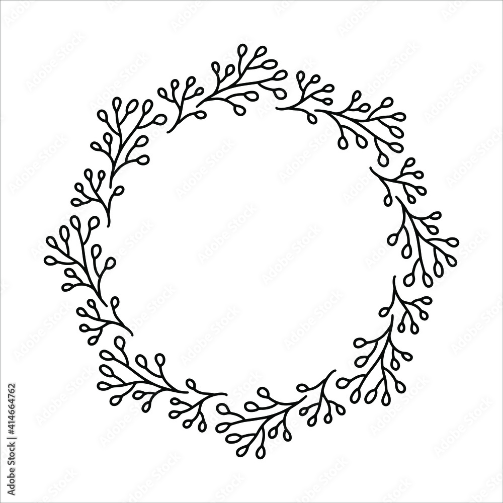 Vector hand drawn spring wreath isolated on white background. Outline circle of leaves. Doodle style. Floral frame. Vector hand drawn spring wreath isolated on white background. Outline circle of leaves. Doodle style. Floral frame.