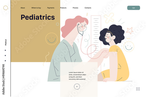 Pediatrics - medical insurance -modern flat vector concept digital illustration - female pediatrician carrying out the auscultation of a little girl with a stethoscope, medical office or laboratory