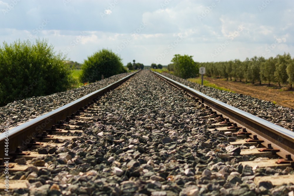Fototapeta premium Railway tracks in a rural scene in a sunny day.