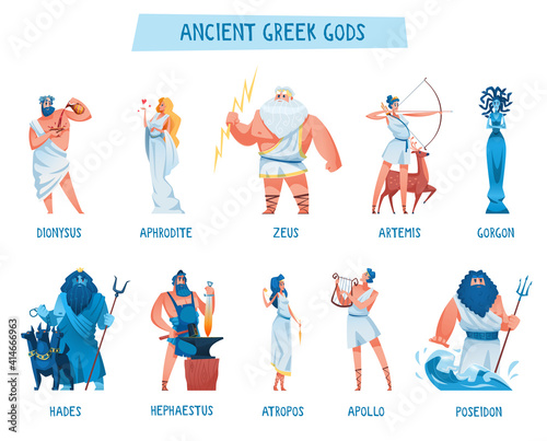 Ancient greek gods. The mythological deities of Olympia. Aphrodite, apollo, artemis, atropos, dionysus, gorgon, hades, hephaestus, poseidon, zeus. Vector illustration.