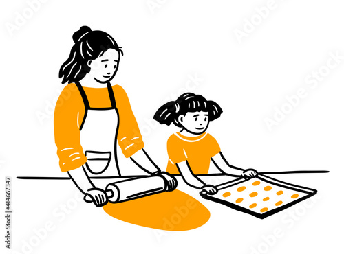 Happy mom cooks with her baby, vector illustration. roll out the dough, make cookies. doodle hand drawing, sketch. on an isolated white background