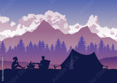 man is playing guitar and woman is listening at their camping trip