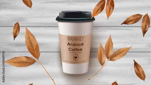 Coffee cup and leaves vector realistic mock up. Product placement label design. Wooden backgrounds