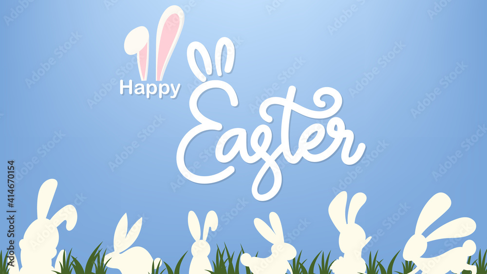 Obraz premium Happy Easter Hand drawn calligraphy with rabbit and egg on blue background ,Vector Illustration EPS 10