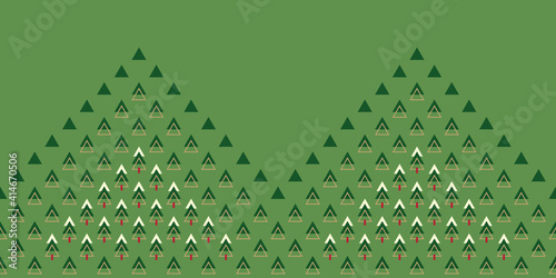 Horizontal border with geometric Christmas trees on hills with snow covered tops. Abstract seamless vector pattern for wrapping paper, interior decoration and stationery.