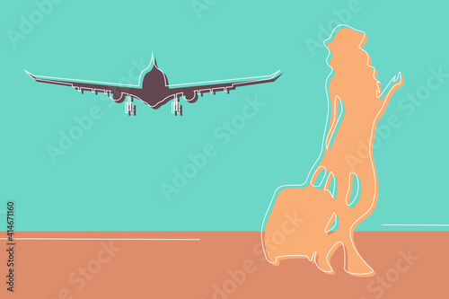 Active modern and stylish lady is waiting for boarding or just landed and standing coquettishly. Flat and minimal silhouette in muted colors of purple and beige. Abstract happy summer vacation poster.