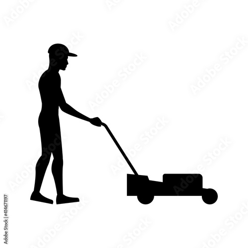black silhouette design with isolated white background of man lawn mowing
