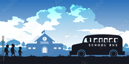 black and color of silhouette design of children going to school