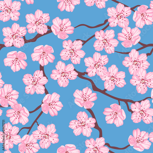 Blooming cherry on blue seamless pattern. Vector illustration of branches and pink sakura flowers in cartoon flat style. Spring floral background.