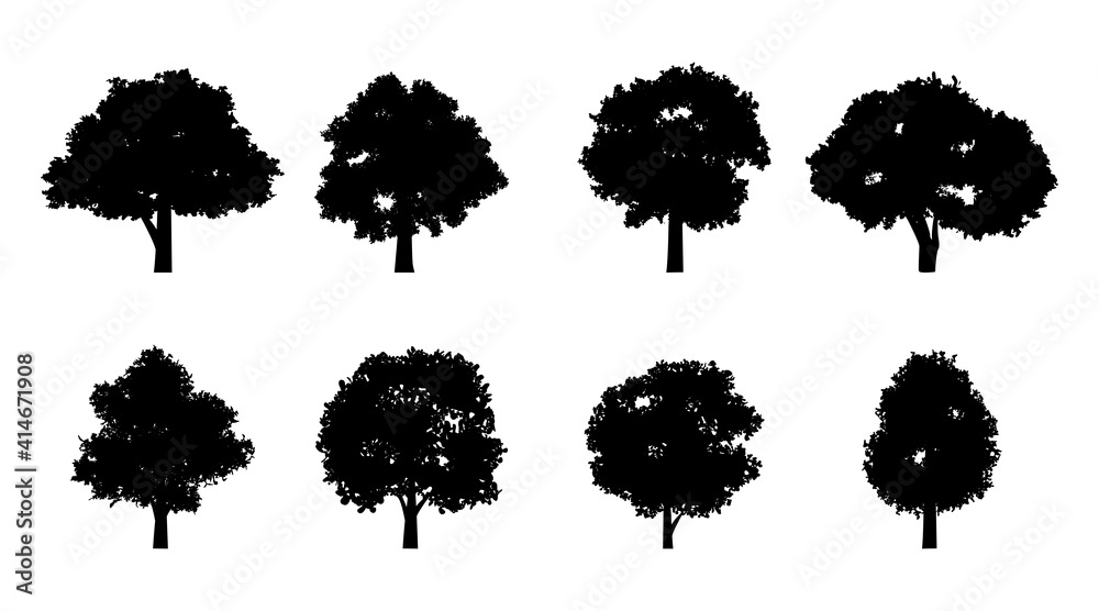 Set of silhouette design of trees with black color on isolation style for graphic designer Set of silhouette design of trees with black color on isolation style for graphic designer