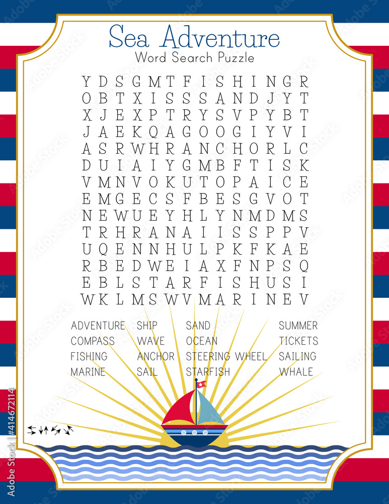 Sea adventure word search puzzle for learning English words. Summer