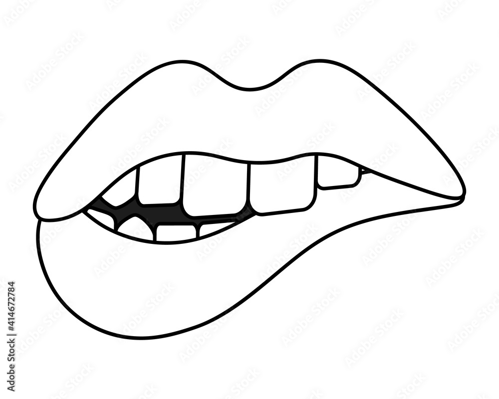 Bite your lip. Sketch. Seductive mouth. Vector illustration. Coloring book for children. Valentines Day. Doodle style. My teeth bit into my lower lip. Sensual bite. Outline on an isolated background. Bite your lip. Sketch. Seductive mouth. Vector illustration. Coloring book for children. Valentines Day. Doodle style. My teeth bit into my lower lip. Sensual bite. Outline on an isolated background.