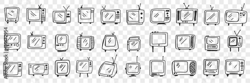 Old fashioned television set doodle set. Collection of hand drawn vintage retro styles television sets with antennas and buttons isolated on transparent background