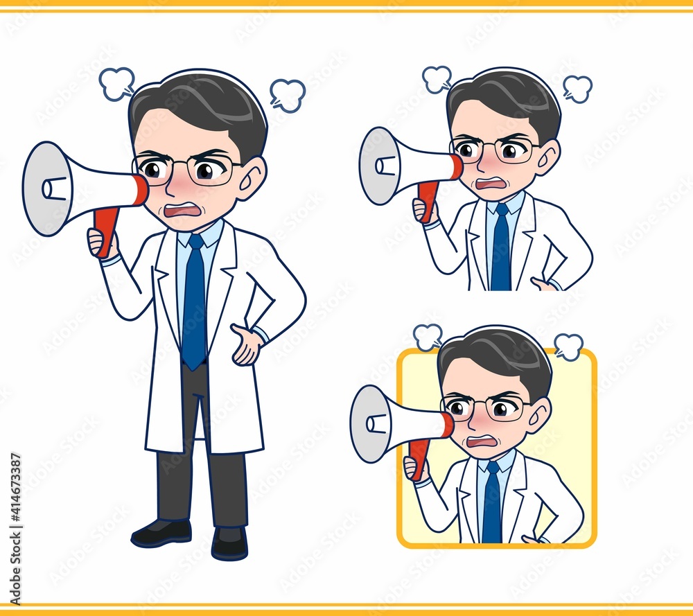 拡声器を持ってお知らせしている医者