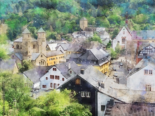 Watercolor painting of cityscape of Bad Muenstereifel in Germany. photo