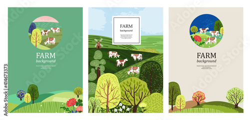 Agricultural background. Cows in the pasture. Silhouettes of cows and trees.