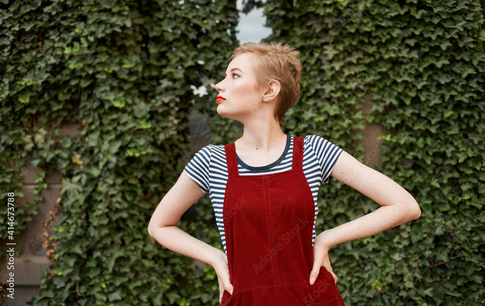 cute blonde short hair walk in the park Red sundress cute blonde short hair walk in the park Red sundress