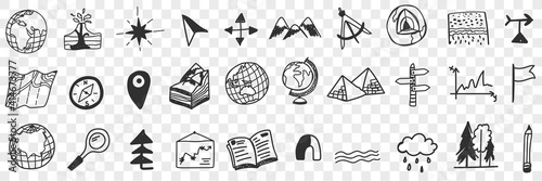 Navigation tools and equipment doodle set. Collection of hand drawn maps globes arrows compass orienteering on nature traveling tools magnet geotags navigator isolated on transparent background photo