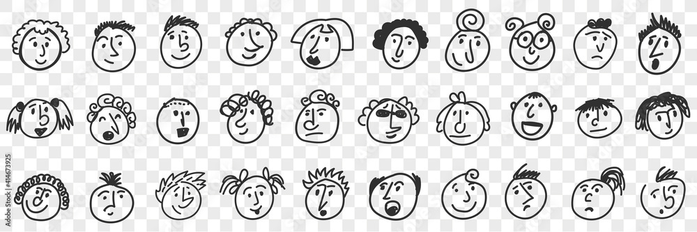 Funny children faces doodle set. Collection of hand drawn cute funny caricature girls and boys faces portrait with positive and negative facial expressions emotions isolated on transparent background