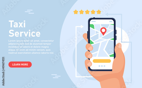 Taxi service concept.Online ordering a taxi, renting and sharing a car using the service's mobile application. Ordering a taxi with a smartphone. Concepts for web landing page template, banner, flyer.