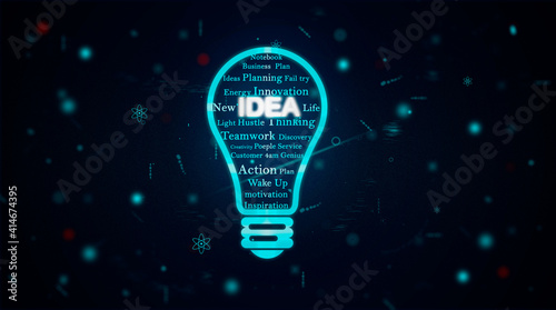 knowledge connectivity creative light bulb idea concept, conceptual ideas illustration with light-bulb innovation and creativity, business words inside a lightbulb in blue futuristic and background 