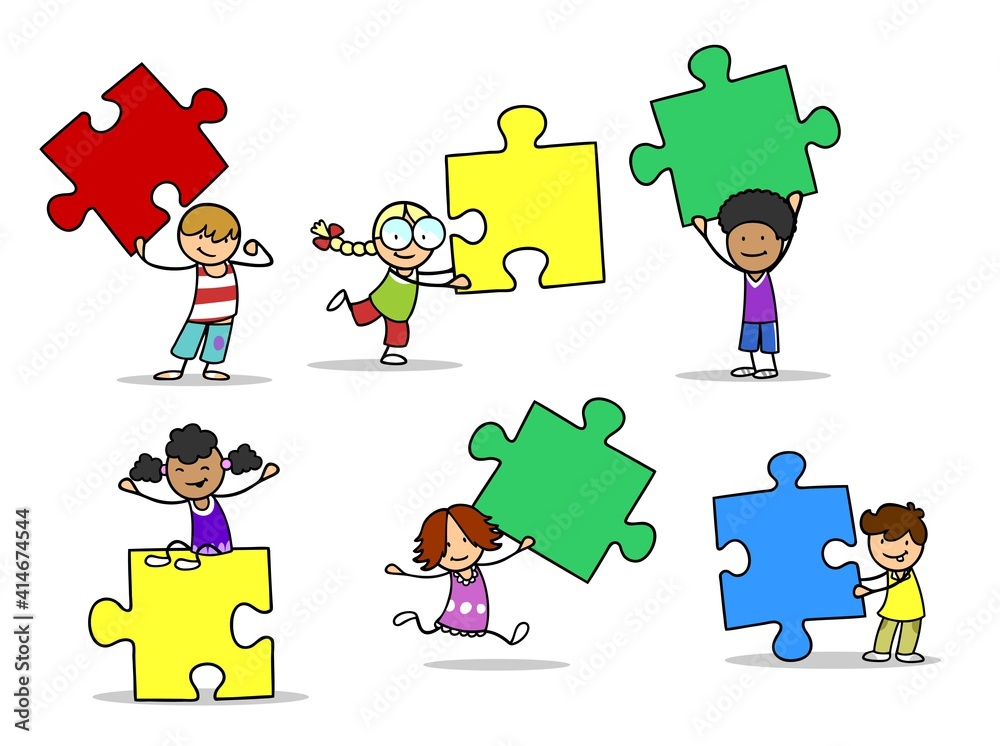 Viele Cartoon Kinder spielen mit Puzzle als Teamwork Konzept  Stock-Illustration