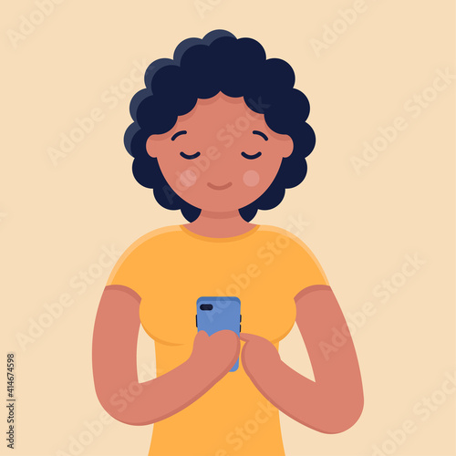 Online chatting vector concept. A girl with a beard and in a yellow sweater holds and looks into a smartphone. Man and gadget. Communication on the network, dating sites and social networks.