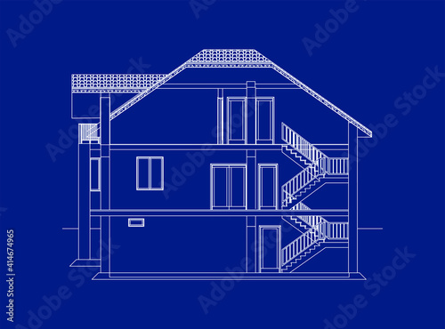 Architectural modern background. Cross-section suburban house. Vector blueprint.