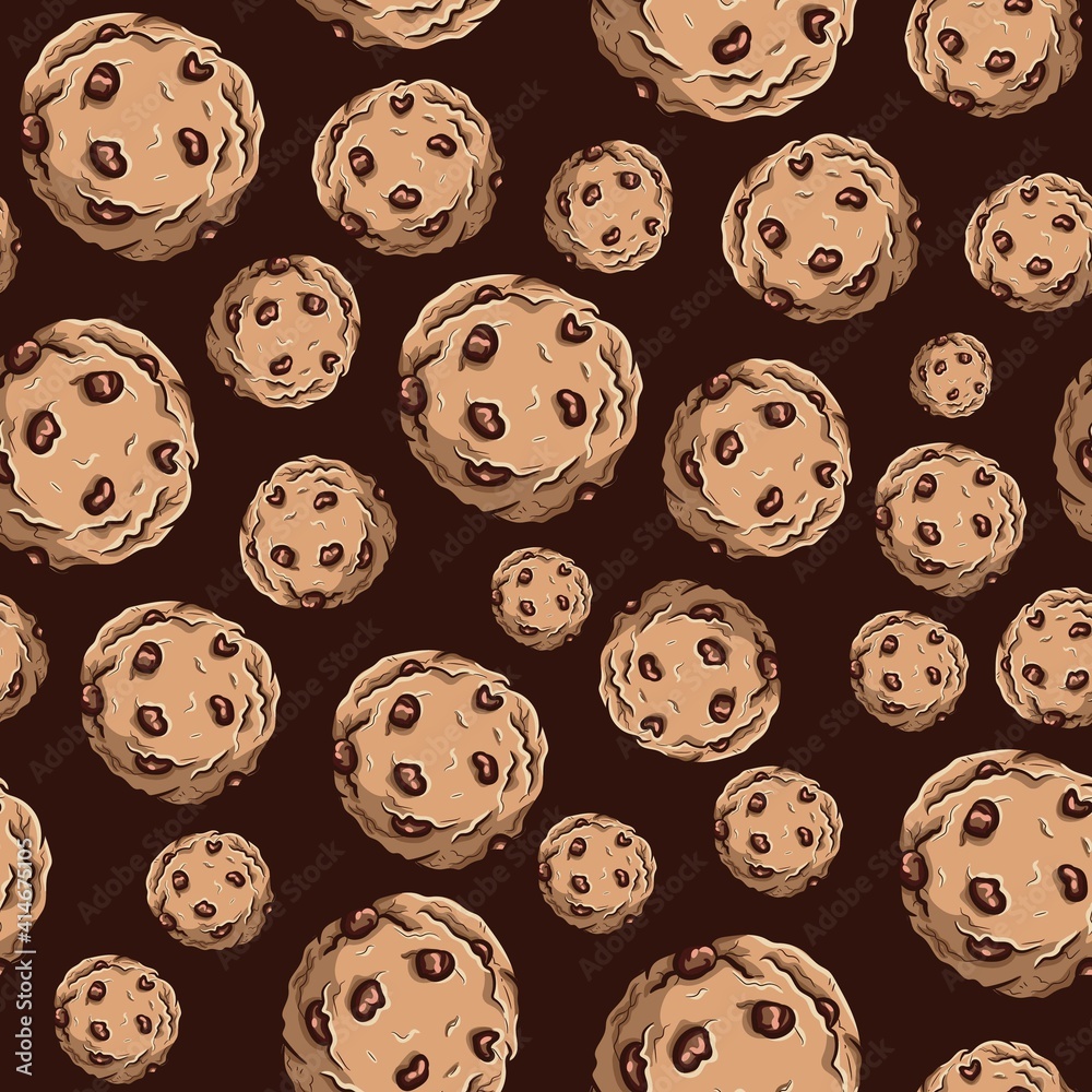 Seamless pattern of chocolate chip cookies. Repetitive background of sweet round biscuits with brown cream on top. Seamless pattern of chocolate chip cookies. Repetitive background of sweet round biscuits with brown cream on top.