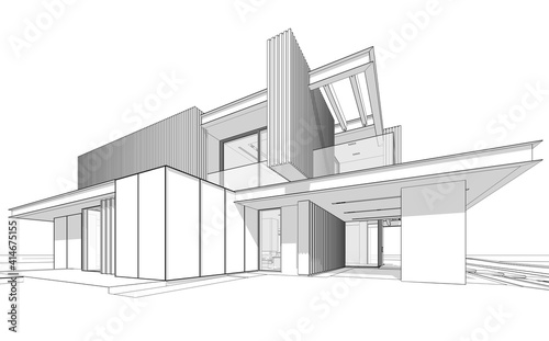 3d rendering of modern cozy house with parking and pool for sale or rent with wood plank facade. Black line sketch with soft light shadows on white background.
