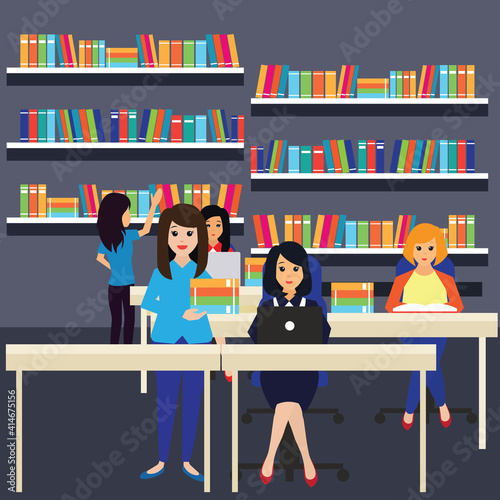 women in a library for working and reading a book. vector illustration