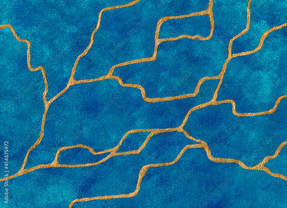 Kintsugi art background. Dark blue with turquoise shade, golden crack ...